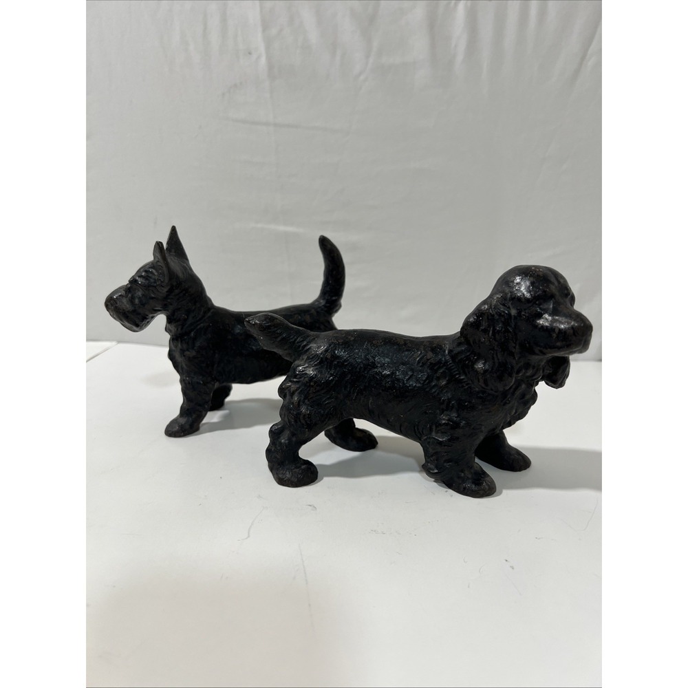 2 Vintage 1930's Cast Iron Standing Black Dog Doorstop Scot Terrier/Cocker Span
